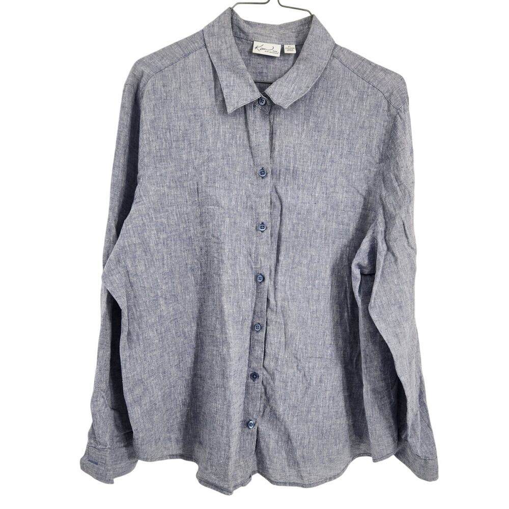 Kim Rogers Linen Blend Long Sleeve Button Down Top Womens Petite Size Large L P